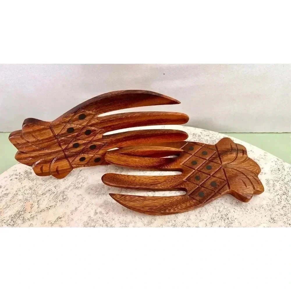 Vintage Brown Hawaiian Kamani Wood Pineapple‎ Salad Tossing Hands Fork Servers